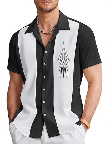  Miesten Kurvi Liituraita Keilailupaita Button Up paita Pitkähihainen Vapaa-aika Loma Urheilu Kesä Kevät Kuubalainen kaulus Painike ylös Musta