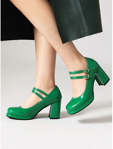  Zapatos Mary Jane retro de doble tira para mujer: zapatos de tacón de bloque de charol para conjuntos de inspiración vintage
