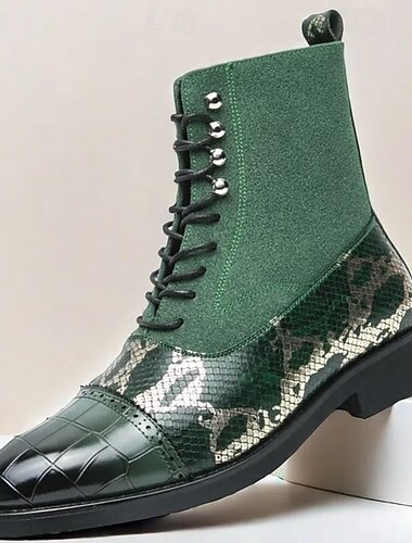  Botines verdes de lujo para hombre | Piel sintética con estampado de serpiente, puntera con relieve de cocodrilo y diseño con cordones