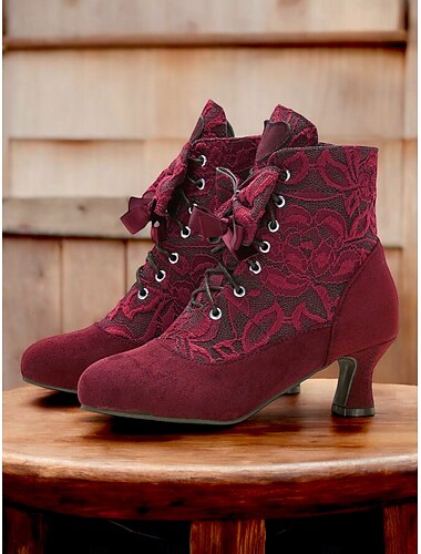  bottines à lacets victoriennes bordeaux pour femmes avec motif en dentelle florale et talon moyen – style rétro élégant pour les occasions formelles et décontractées