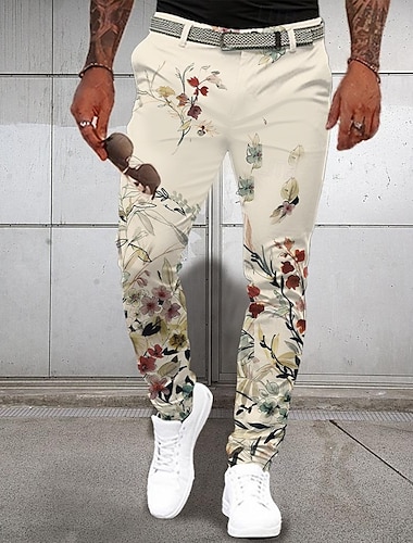  Herr Geometrisk Kostymbyxor Medium Midja Business Casual Formell Vardag Ficka Sommar Vår Höst 3D-tryck Beige