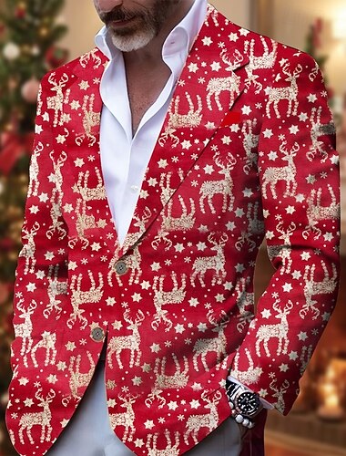  Homme Blazer de Noël blazer Utilisation Noël Soirée Cocktail Mode Décontractées Printemps & Automne Polyester Renne Boutons Poche Confortable Boutonnage Simple veste Rouge