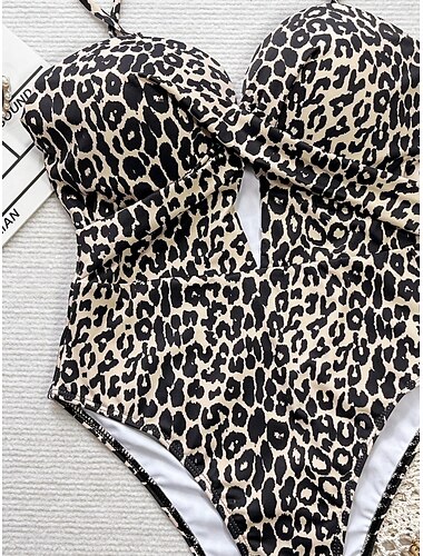  Mujer Bañadores Una pieza Monokini Traje de baño Espalda al Aire Control de barriga Alta cintura Delgado Vacaciones Ropa de playa Leopardo Cuello halter Sin Mangas Trajes de baño