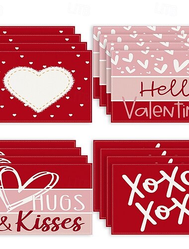  Juego de 4 manteles individuales para el día de San Valentín, manteles individuales románticos y decorativos con patrones de corazones o rosas, duraderos y resistentes al calor, perfectos para agregar