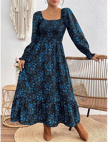  Maxikleid mit Blumenmuster und quadratischem Ausschnitt für Damen, lange Ärmel, Sommer, Frühling