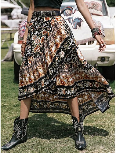  Femme Ample Décontractées Maxi Taille Basse Jupes Géométrique Floral Patchwork Ourlet irrégulier Casual Quotidien Or noir Printemps, Août, Hiver, Eté Viscose