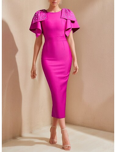  Schlauch Cocktailkleider Elegantes Kleid Formell Tee-Länge Kurzarm Juwel-Ausschnitt Stretch-Crepe mit Perlen Derby-Kleider 2025