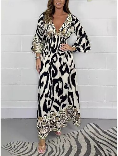  Dames Maxi-jurk Casual jurk Swingjurk A lijn jurk Boho-jurk Casual Dagelijks Normale pasvorm Bloemig 3/4 mouw V-hals Zwart Groen Abrikoos Zomer Lente Herfst