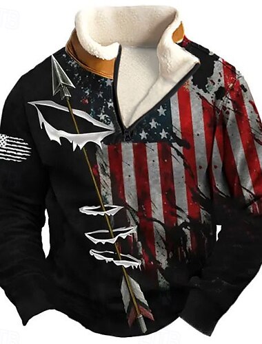  Pánské Vlajka Arrow Mikina Čtvrtletní mikina na zip Dlouhý rukáv Mikina Stojáček Čtvrtletní zip Na běžné nošení Vintage Retro 3D tisk Dovolená Jdeme ven Streetwear Poloviční zip Podzim Zima