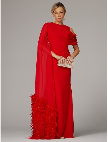  Vestido de noche elegante, vestido formal de otoño, largo hasta el suelo, sin mangas, cuello vuelto, de gasa con abertura fruncida con plumas, 2025
