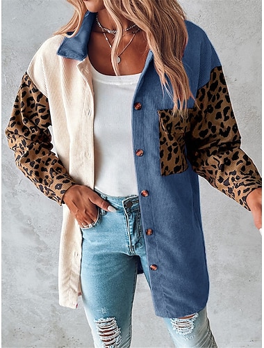  Damen Freizeitjacke Outdoor Knopf Leopard Windundurchlässig Modisch Regular Fit Oberbekleidung Langarm Herbst Blau S