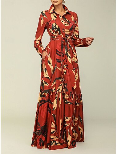  Vestido largo de mujer con cuello camisero de hojas y manga larga para verano y primavera