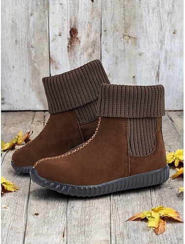  Botas femininas de camurça sintética marrom com punhos de malha canelada – calçados casuais de inverno quentes e antiderrapantes para uso diário e ao ar livre