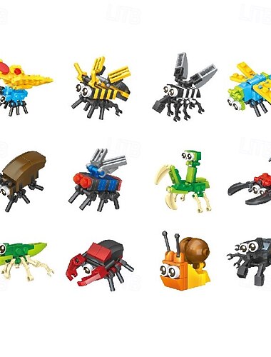  cadeaux de fête pour enfants sacs à cadeaux 12 pièces mini blocs de construction ensemble de blocs de construction d'animaux du monde des insectes ensembles de construction jouets STEM pour cadeau de