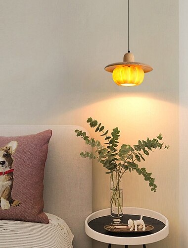  moderne runde Pendelleuchte aus Holz für Kücheninseln, oranger Kürbisschirm, Mid Century Pendelleuchten, Vintage-Bauernhaus-Deckenhängelampe, 110–240 V, 28 cm