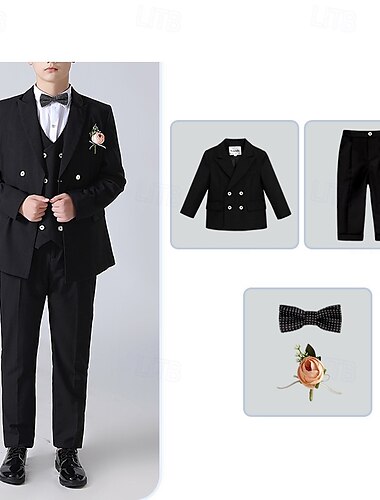  4 Stück Ring-Träger Anzug Jungen kinderkleidung Anzug Formeller Anzug Blazer & Hose Formal Party Valentinstag Modisch Cool Feste Farbe Tasche Schwarz Marineblau Polyester
