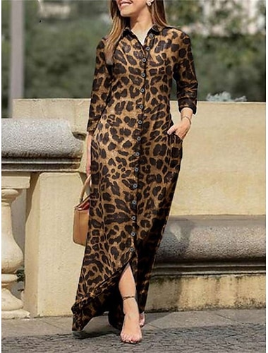  Damen Blumenhemdkragen Maxikleid Langarm Sommer Frühling