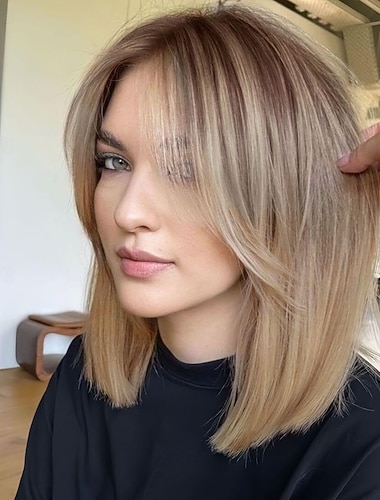 باروكات شعر للنساء باروكة شعر صناعي طبيعي بطول الكتف مع غرة ستارة للاستخدام اليومي   باروكات شعر للنساء باروكة شعر صناعي طبيعي بطول الكتف مع غرة ستارة للاستخدام اليومي