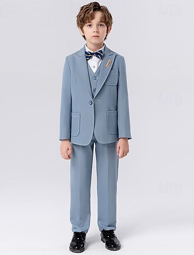  5 Stück Ring-Träger Anzug Jungen kinderkleidung Anzug Formeller Anzug Blazer & Weste & Hosen & Brosche & Krawatte Formal Party Valentinstag Modisch Cool Feste Farbe Tasche Marineblau Blau Polyester
