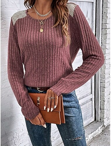  Blusas Elegantes de Encaje para Mujer con Ojal Blusas Casuales de Color Sólido Talla Regular de Manga Larga Cuello Redondo con Apliques de Encaje Ajuste Regular Ropa Diaria Roja Gris Romántica Tallas