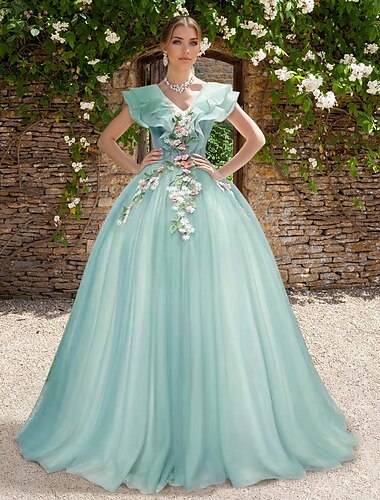  Ballkleid Ballkleider elegantes Kleid Hochzeitsgast Sweep / Pinsel Schleppe Kurzarm V-Ausschnitt Organza mit Applikationen 2025