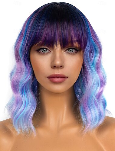  女性用前髪付きショートボブウィッグ、ゆるめウェーブウィッグ、カールウェーブ肩までの長さボブ、女の子用合成コスプレウィッグ、カラフルなコスチュームウィッグ