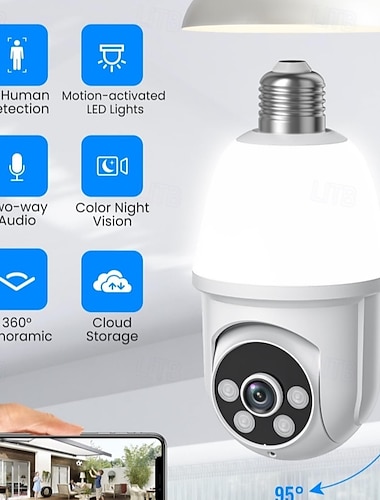  1080p beveiligingscamera met gloeilamp, bewegingsdetectie en alarm, 2,4 GHz alleen wifi, tweerichtingscommunicatie, kleurennachtzicht, menselijke detectie voor beveiliging van binnen- en buitenhuis