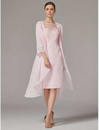  tweedelig manteljurk strandbruidspak moeder van de bruid jurk elegant vintage plus size boothals knielengte chiffon kant 3/4 lengte mouw jasje jurken met applicaties 2025
