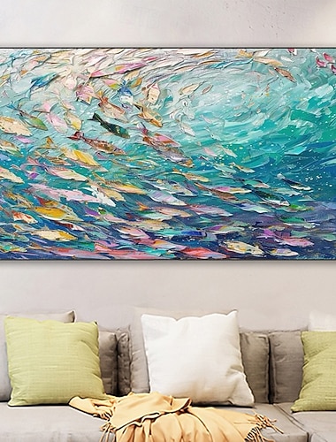  Pintura en lienzo de peces marinos azules abstractos hecha a mano, arte nórdico, grafiti, tamaño grande, decoración moderna para sala de estar, imagen sin marco