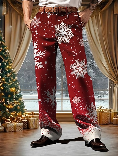  חג המולד בגדי ריקוד גברים פתית שלג חליפות מותן בינוני יום יומי בָּחוּץ בית מפלגה רוכסן כיס מכנסיים ישרים קיץ אביב סתיו הדפסת תלת מימד שחור אדום פול