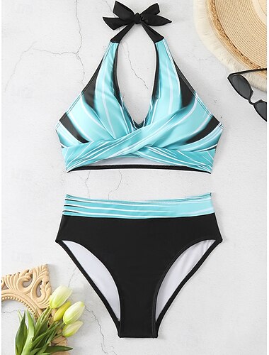  Damen Badeanzug Bikinis Bademode Urlaub Modisch Farbblock Ärmellos Badeanzüge