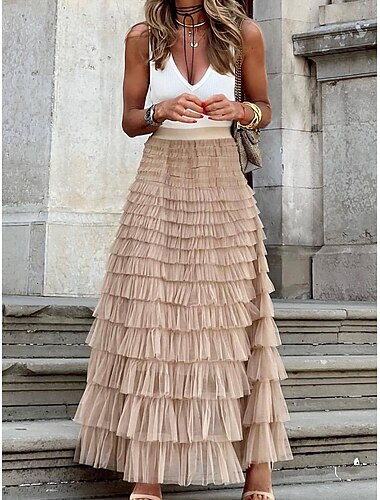  dames lange rok maxi rokken patchwork effen gekleurd vakantie feest lente, herfst, winter, zomer elegante mode zwart roze kaki