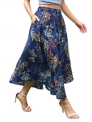  Langer Rock für Damen, Maxi-Röcke, Patchwork, Blumenmuster, grafisch, Ausgehen, lässig, täglich, Sommer, elegant, Vintage, Blau, Schwarz, Blau, Khaki