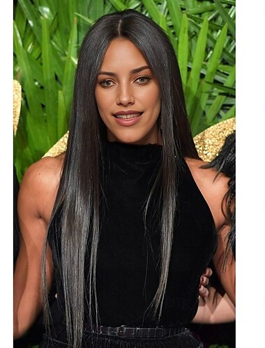  Von Naomi Campbell inspirierte Perücke, glatte, asymmetrische Perücke, sehr langes schwarzes Kunsthaar, modisches Damendesign, weiches, natürliches Schwarz