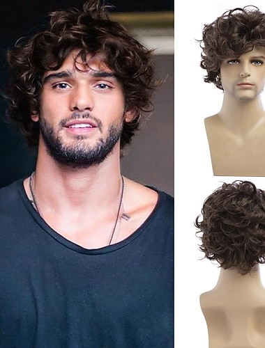  parrucca riccia da uomo parrucca corta a strati castani parrucca sintetica per cosplay di Halloween