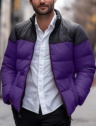  Herren puffer jacket Gepolstert Tasche Farbblock Party Weihnachten Outdoor Standard Neutral Modisch Täglich Winter Feste Farbe Schwarz Weiß Purpur Grün Pufferjacke