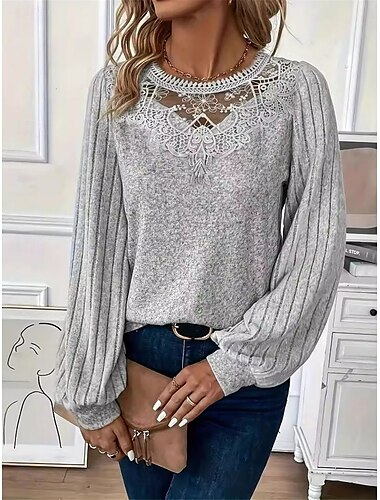  Γυναικεία Elegant Lace Tops Eyelet Blouse Καθημερινή Στερεά Χρώματος Κανονική Τοπ Μακρυμάνικη Crew Neck Λατέξ Patchwork Κανονική Εφαρμογή Καθημερινά Γκρι Ρομαντικά Μικροσκοπικά Τοπ Καλοκαιρινά