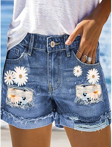  Dam Vanligt Jeans Streetwear Ledigt vardag Kort Medium Midja Grafisk Dragkedja Ficka Snabb tork Mateial som andas Microelastisk Utomhus Kontor / Karriär Vit Blå Sommar Normal