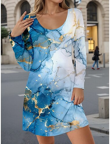  Robe Mini Femme Robe Décontractée Robe Petite Robe T Shirt Robe Tee Robe d'Été Robe Décontractée Vacances Urbaine Ajustement Régulier Dégradé Marbré Col Ras du Cou Bleu Automne Hiver