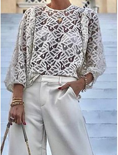  Damen Hemd Bluse Feste Farbe Basic Brautkleider schlicht Langarm Rundhalsausschnitt Normale Oberteile Täglich Spitze Patchwork Weiß Sommer Frühling