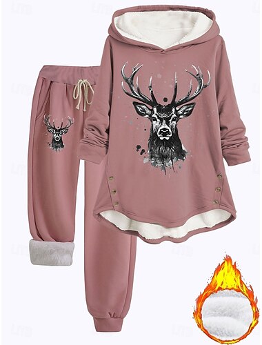  Damen 2-teiliges Tages Hoodie Fleece Hosen Langarm Kapuzen Reindeer Drawstring Print Lässig Dunkelrosa Blau Grau Herbst Regulär Fit