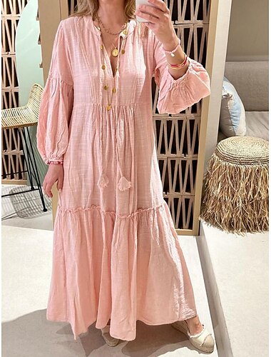  Damen Maxikleid Kunstbaumwollleinen Kaftan Kleid Freizeitkleid Schwingkleid Lässig Sport & Outdoor Straße Normale Passform Einfach Langarm V Ausschnitt Rosa Frühling Herbst