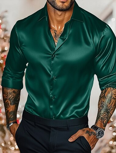  Herren Hemd Satinhemd Lässiges Hemd Knopfhemd Glatt Hochzeit Urlaub Schwarz Weiß Burgunderrot Königliches Blau Langarm Kragen Winter Frühling & Herbst Bekleidung