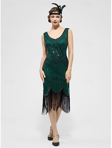  1920er Cocktailkleid Vintage-Kleid Midlänge Flapper Kleid Outfits Cocktailkleid Der große Gatsby Flapper-Mädchen Hochzeitsgast Pailletten Feder Fransen Damen Karnevalskostüm 7 STK Weihnachten