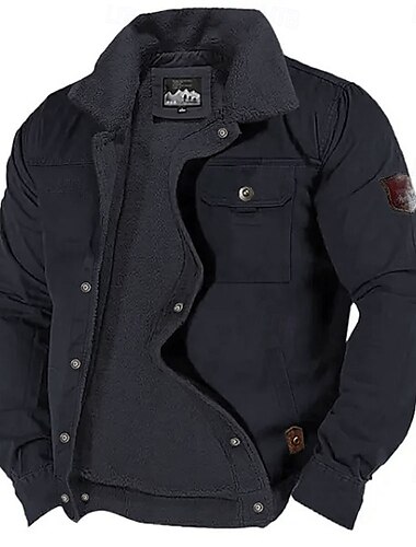  Bestickte Fleecejacke für Herren, Sherpa-Truckerjacke, Arbeits-Cargojacke, Umlegekragen, warme Winter-Baumwolljacke, Vintage-Casual-Ausgehmantel, mehrere Taschen