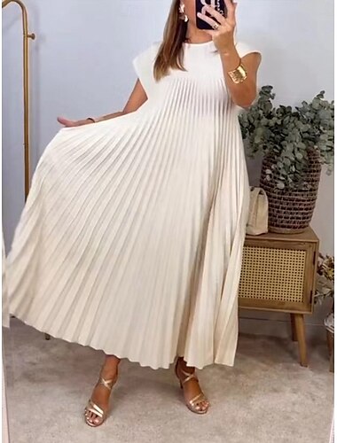  Damen Maxidress Casual kleid Feste Farbe Modisch Strassenmode Party B¨¹ro Täglich Gefaltet Ärmellos Rundhalsausschnitt Kleid Regular Fit Schwarz Gelb Beige Sommer S M L XL XXL
