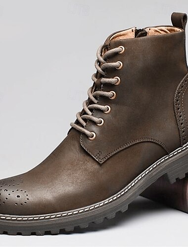  Botines de hombre de piel sintética marrón con cordones, detalle brogue y suela resistente: estilo clásico y duradero para exteriores