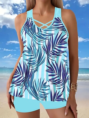  Damen Badeanzug Tankini Bademode Urlaub Tropisch Paisley-Muster Trägerlos Badeanzüge