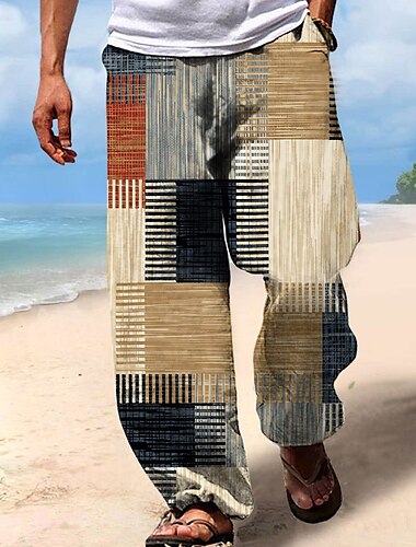  Herr Långbyxor Sommarbyxor Strandbyxor Snörning Elastisk midja 3D-utskrift Rand Grafiska tryck Geometri Komfort Ledigt Dagligen Helgdag Streetwear Hawaiisk Gul Blå