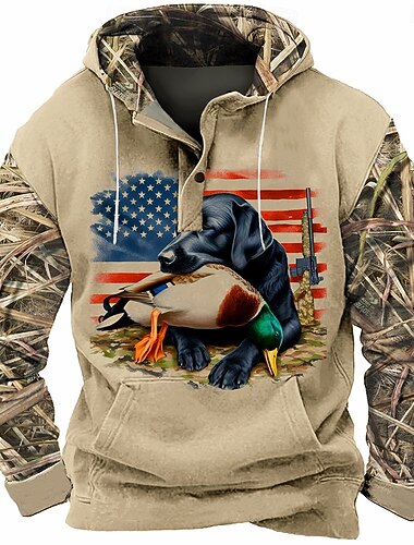  Pánské Pes Americká americká vlajka Kachna Kapuce Mikina Kovbojské Na běžné nošení Dlouhý rukáv Kapuce Outdoorové sporty Streetwear Světle hnědá Hnědá Kapsy 3D tisk Podzim Zima Návrhář